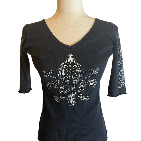 Freedom A New Generation | Black Fitted 3/4 Sleeve Embellished Ribbed Knit Tee - Picture 1 of 4